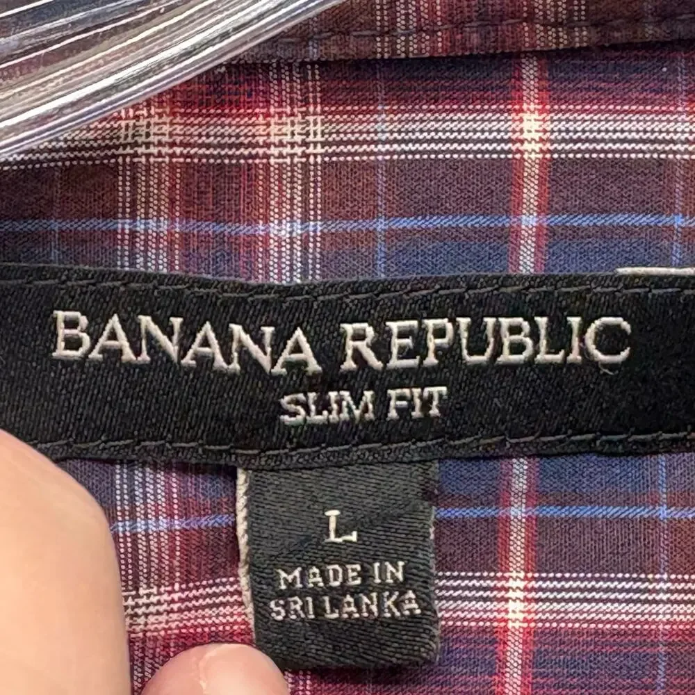 Banana Republic Shirt Western Snap Button Down Red Blue Plaid Slim Mens Size L